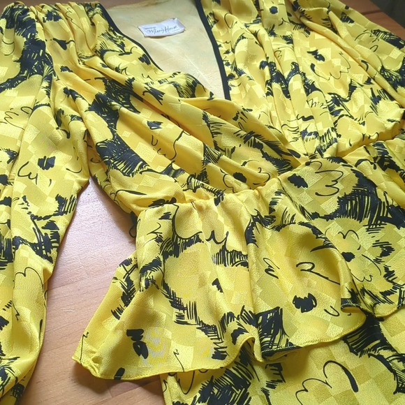 Maison Missy House 70s Peplum Maxi Dress Yellow Vneck Long Sleeve Size S/M - Picture 17 of 17